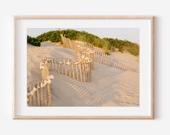 May include: A framed print depicting a beach scene with a wooden fence meandering through sand dunes. The fence is constructed from light-coloured wood and adorned with small white objects. Green plants and grass are visible on the dunes in the background.