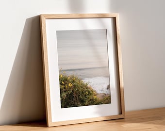 Malibu Coastal Wildflower Photography Print, California Wall Art, Yellow Flower Ocean Print, Coastal Nature Decor, Fine Art Beach Print