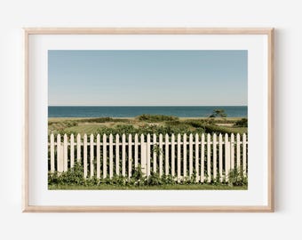 May include: A white picket fence with green vines growing on it, overlooking a blue sea and a grassy field.