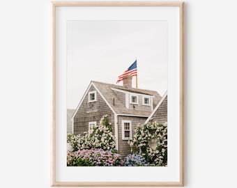 Nantucket American Flag Print, Rose Cottage Wall Art, Patriotic New England Photography, Coastal Summer House Decor