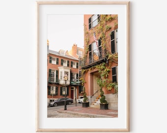 Beacon Hill Boston Autumn Wall Art Print – Historic Townhouse with Pumpkins and American Flag