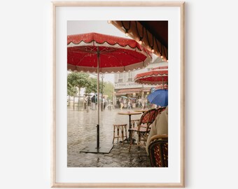 Paris Cafe Wall Art Print, Rainy Day in Montmartre Photography, French Bistro Decor, Vintage Paris Photography, Romantic European Wall Art
