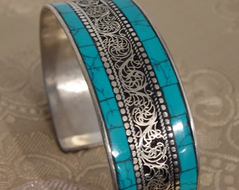 Mooie brede ZILVEREN armband uit Nepal met turquoise, filigraan handgemaakt