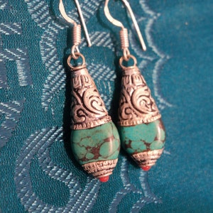 Handmade Turquoise Earrings with Tibetan Lotus Flower Pattern from Nepal