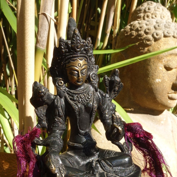 Small, but excellent! Old GREEN TARA with fire-gilded Face, Bronze Statue from TIBET