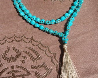 Turquoise Skull MALA Prayer Chain Yak Bone NEPAL 80cm, very finely crafted!