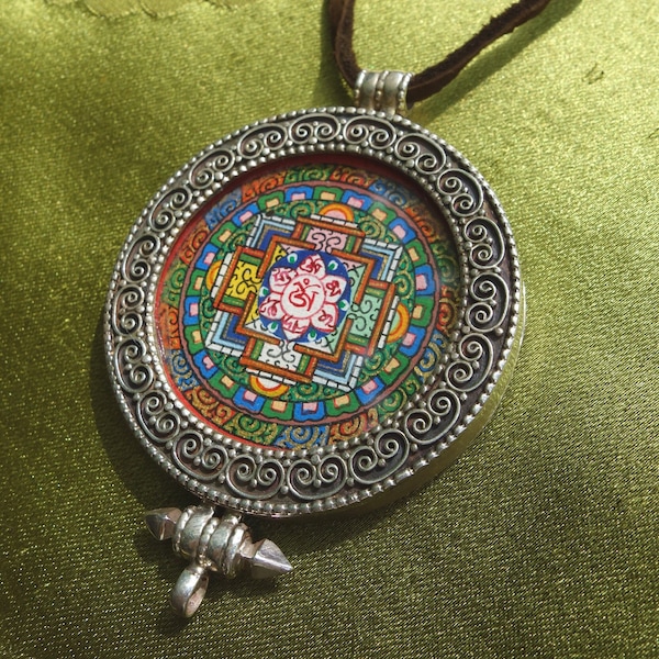 Tibet. Ghau Amulet from NEPAL with hand painted mini Kalachakra Mandala Thangka in 925 Silver + Yak Leather Strap