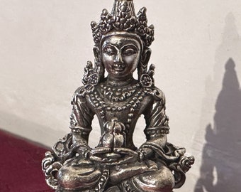 Beautiful silver Amitayus for long life, miniature Buddha statue from Nepal