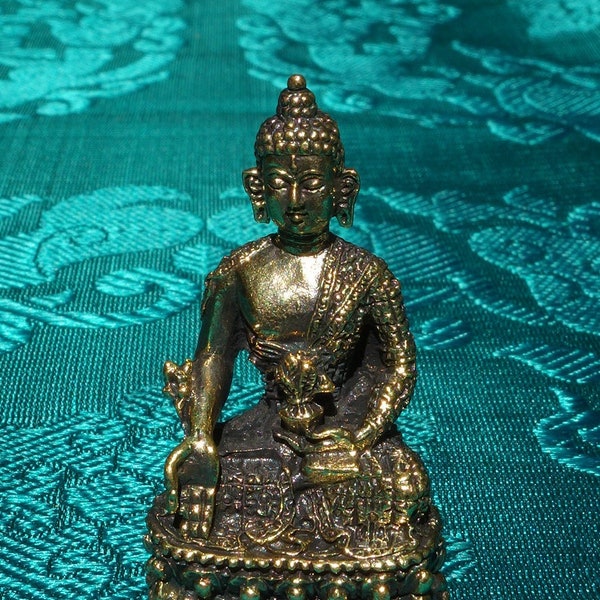 Sehr feine kleine tibet. Medizin Buddha-Statue aus Messing, Miniatur