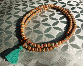 Wonderful tibetan Mala Rosary with Bodhi-Seeds and Coral and Turquoise 72cm