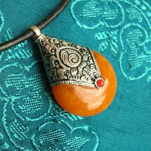 Great Tibetan protective amulet Gau from Nepal, Amber, Silver, and Coral