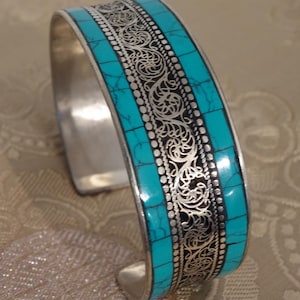 Beautiful wide SILVER bangle from Nepal with turquoise, filigree handcraft