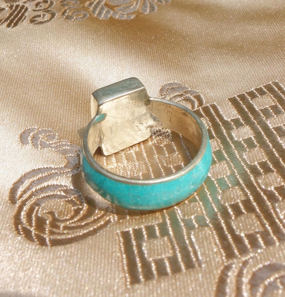 Anneau Argent Tibétain Avec Turquoise Et Symbole Om - Taille 57 (18.1mm), Fait Main Népal