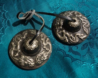 Wonderful black Nepal Cymbals / TINGSHAs with Dragons, best Sound!