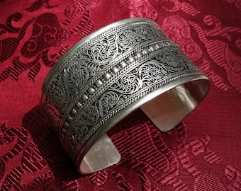 Magnifique Large Tibétain Argent Bracelet De Népal, Filigrane Main