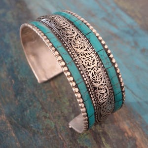 Beautiful wide SILVER bangle from Nepal with turquoise, filigree handcraft