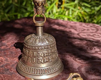 Fine Tibetan temple bell with mantra and dorje, wonderful sound · Ghanta Nepal