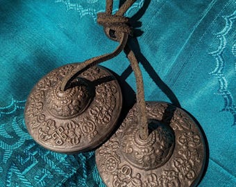 Wonderful dark brown bronze Tibetan cymbals/TINGSHAs. Lucky symbols, great sound!