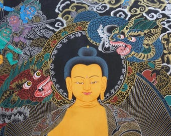 Dreamlike masterpiece Tibetan Thangka painting of Shakyamuni Buddha, 64 x 51 cm