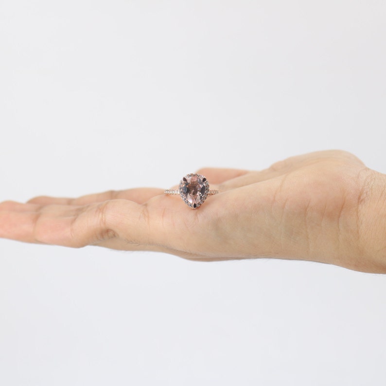6x8mm Pear Cut Morganite /& White Diamond 14k Rose Gold Over .925 Sterling Silver Wedding Promise Halo Cluster Ring for Women/'s