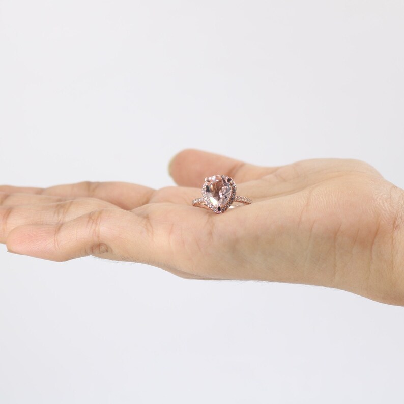 6x8mm Pear Cut Morganite /& White Diamond 14k Rose Gold Over .925 Sterling Silver Wedding Promise Halo Cluster Ring for Women/'s