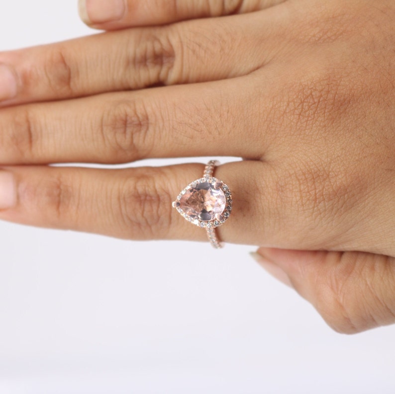 6x8mm Pear Cut Morganite /& White Diamond 14k Rose Gold Over .925 Sterling Silver Wedding Promise Halo Cluster Ring for Women/'s