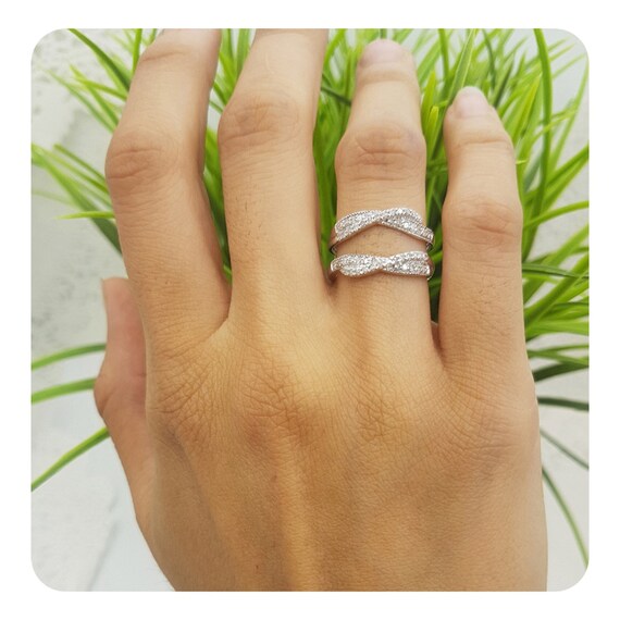 Gold /& Diamonds Jewellery 0.50 Carat 14K White Gold Over .925 Sterling Silver Round Diamond Ladies Anniversary Wedding Band Enhancer Guard Double Ring 1//2 CT Ctw