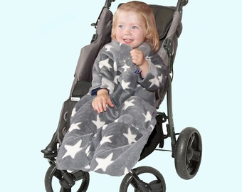 Baby Toddler Fleece Snuggle Blanket with Sleeves for Buggy / Pushchair / Car Seat. Safe for use in Car Seats -  Made UK  - Grey Stars