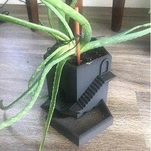Può includere: Un vaso da fiori moderno nero a forma di piccola casa con una scala. Una pianta di aloe vera verde sta crescendo all'interno del vaso.