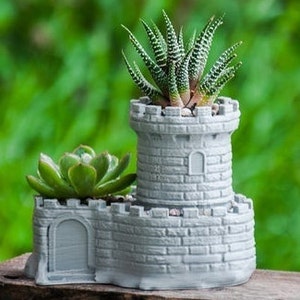 May include: A gray castle-shaped planter with two succulents. The planter has a tower with a window and a smaller section with an arched doorway. The succulents are green and have a spiky texture.