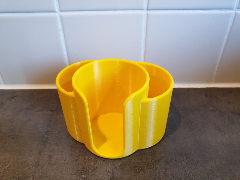 May include: A yellow plastic kitchen countertop organizer with three compartments for storing items like sponges, brushes, or dishcloths.