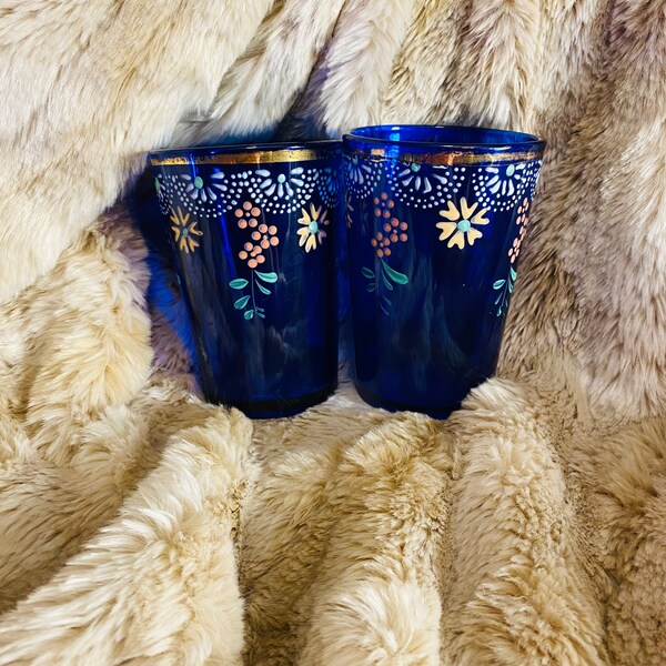 Lot De 3 Verres Peints à La Main Du Maroc - Couleur Ambre, Artisanat, Occasion