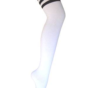 Women and Girls Halloween Costume Triple Stripes Thigh High Dress Socks,  White with Black Stripes