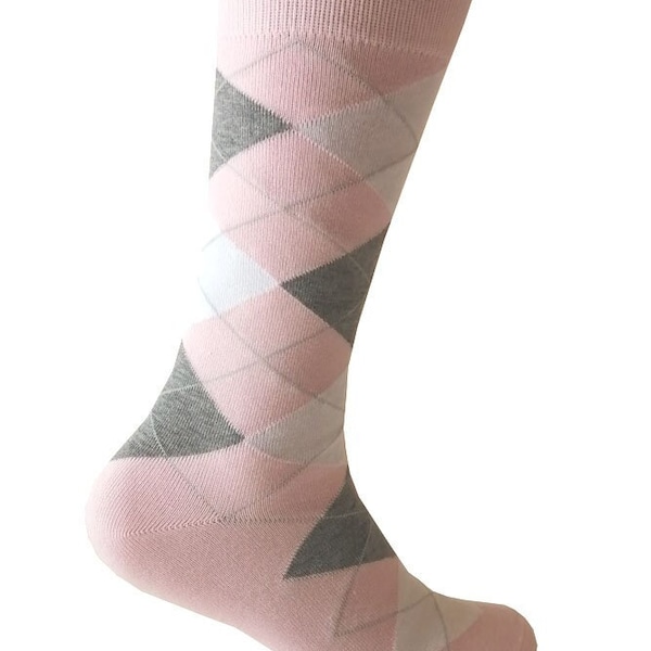 Men's Pink with Light Heather Gray and White Color Argyle Dress Socks