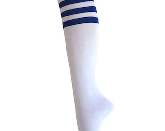 Women and Girls White with Triple Blue Stripes Knee High Halloween Costume Dress Socks