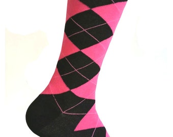 Men's Black/Bright Pink Color Argyle Dress Socks