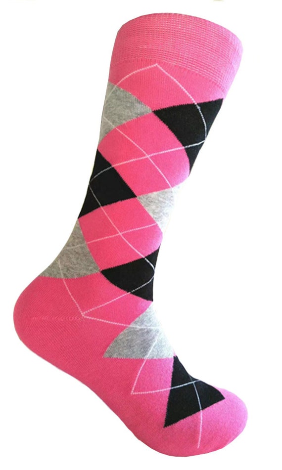 Men s Bright Pink black light Grey Argyle Dress Socks in Multi