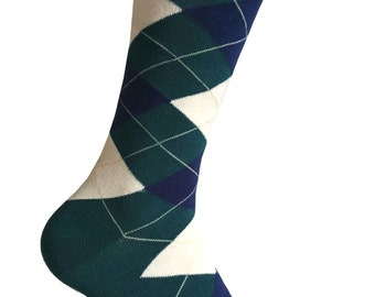 Triple M Plus Men's Teal with Navy and Off White Color Argyle Dress Casual Mid-calf Crew Socks In Various Package