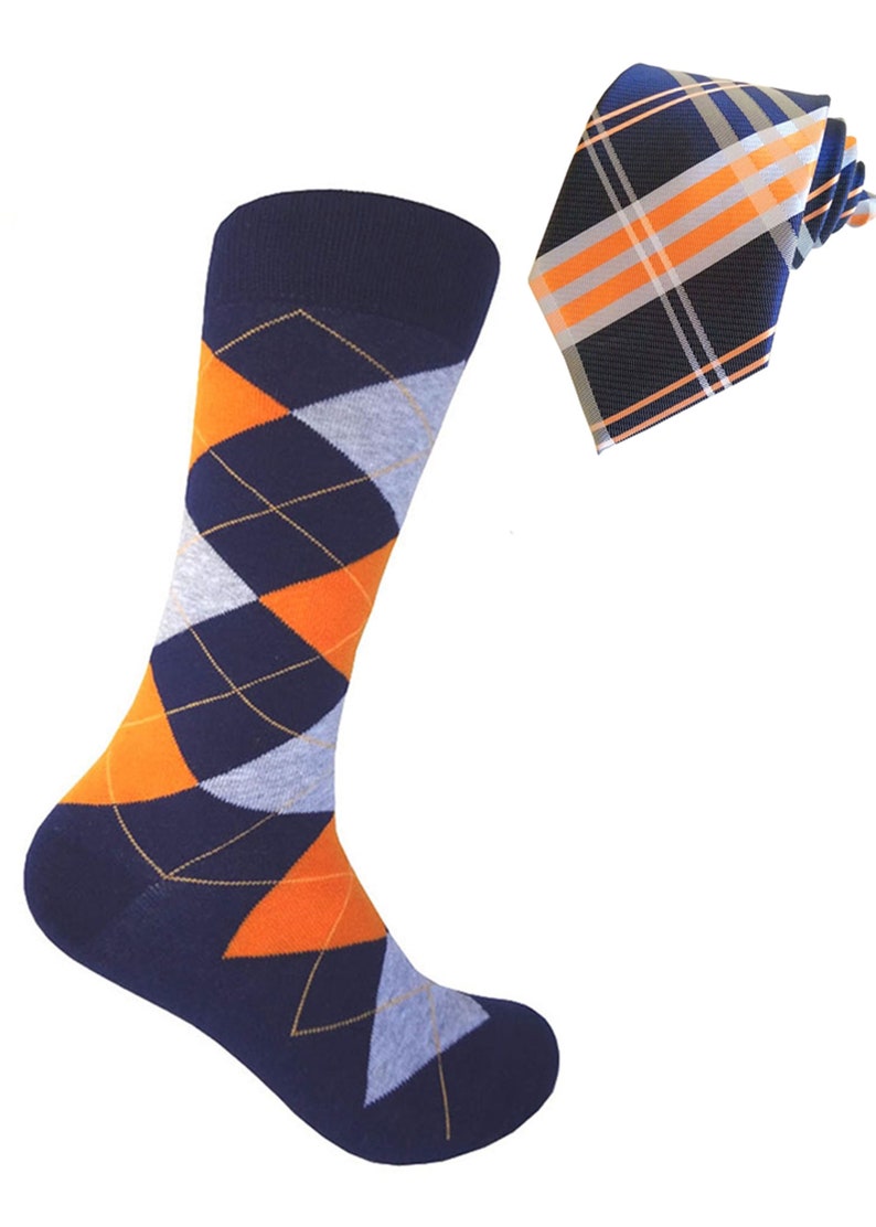 Navy Blue With Orange and Light Heather Gray Color Necktie and Matching Color Argyle Socks Set for Men in Multi-occasion