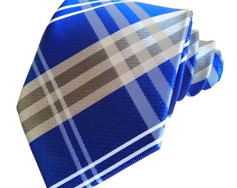 Triple M plus Royal Blue with Heather Gray and Gray Color Plaid Necktie Bowtie Pocket Square and Argyle Socks for Men in Various Packages