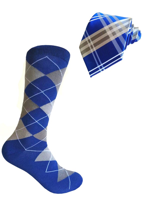 Prime Royal Blue Color Men's Various Pattern and Styles Mid-Calf Knee High Necktie Socks Set Dress Casual Socks