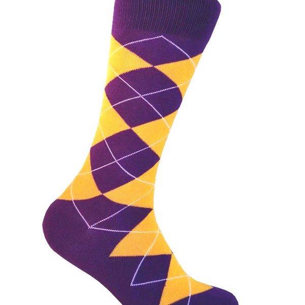 Men's Purple with Gold Yellow Color Argyle Mid-calf Wedding Party Event Groomsman Giftable Dress Socks