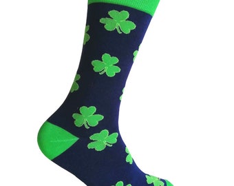 Men's Novelty Shamrocks Pattern St. Patrick's Day Navy Blue with Irish Green Color Dress Socks