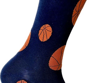 Men's Novelty Basketball Pattern Dress Socks In Navy with Orange Color