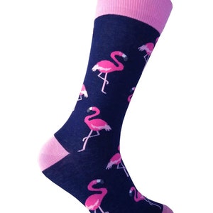 Triple M Plus Men&#39;s Navy with Bright Pink Color Flamingo Pattern Mid-calf Dress Socks Necktie Bowtie Pocket Square in Various Packages