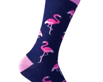Triple M Plus Men's Navy with Bright Pink Color Flamingo Pattern Mid-calf Dress Socks Necktie Bowtie Pocket Square in Various Packages