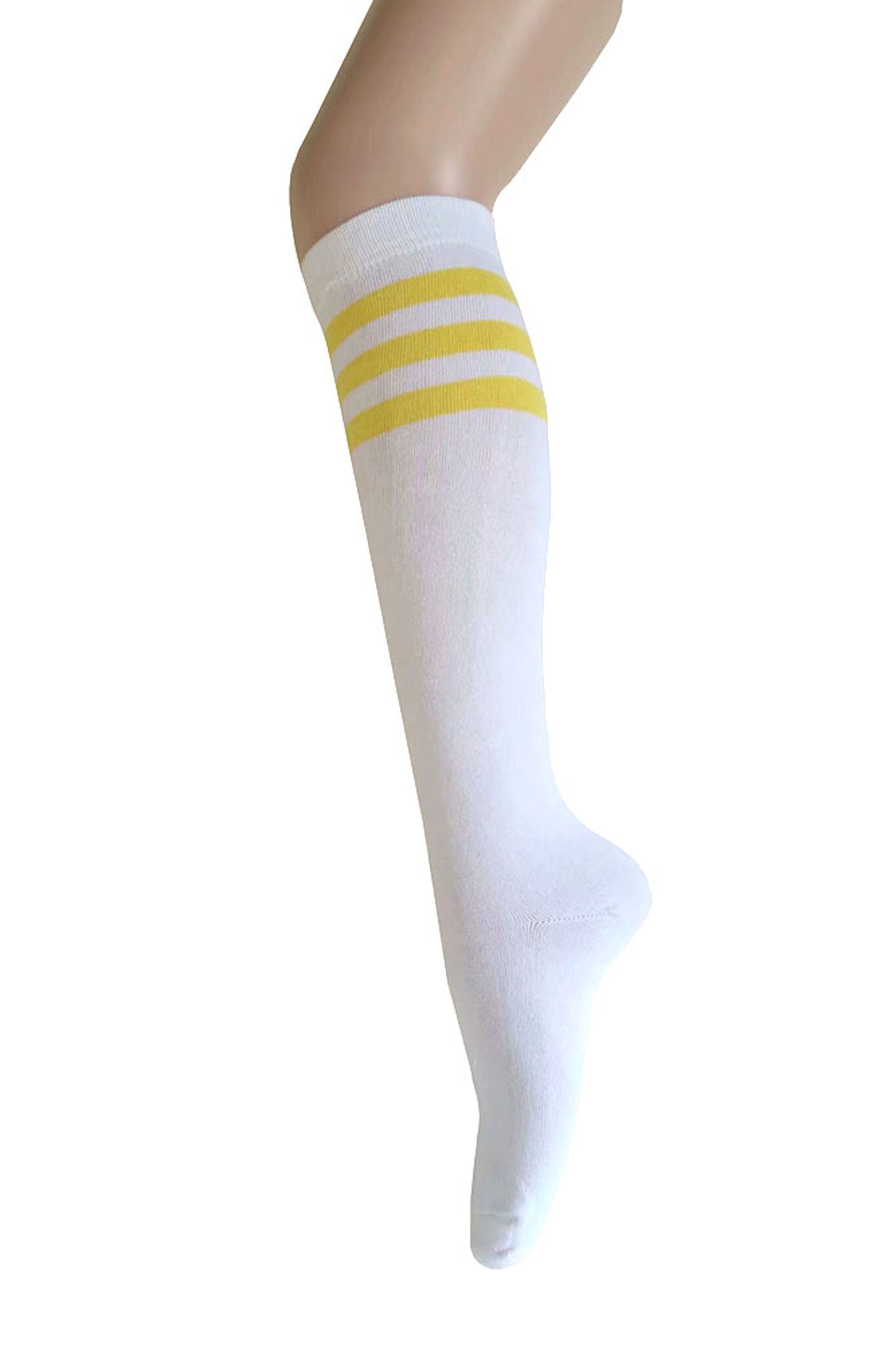 Women and Girls White with Triple Yellow Stripes Knee High Dress Socks, image size:1999x3000