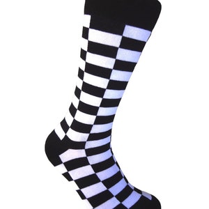 Men's Novelty Black with White Rectangle Checkerboard Pattern Dress Socks