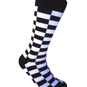 Men&#39;s Novelty Black with White Rectangle Checkerboard Pattern Dress Socks