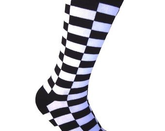 Men's Novelty Black with White Rectangle Checkerboard Pattern Dress Socks